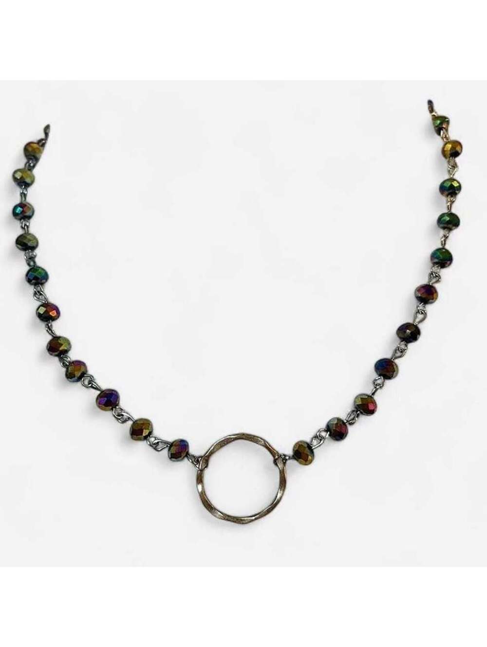 Iridescent Beaded Necklace with Circle Pendant